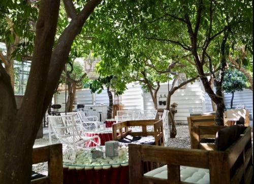 a patio with chairs and tables and trees at CASA LOSURIELLO in Triggiano