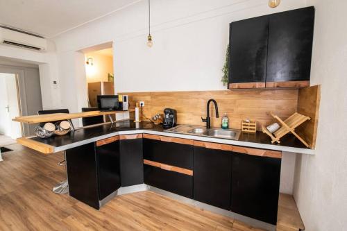 a kitchen with black cabinets and a sink at appart de charme a 2 pas du centre de Montbrison in Montbrison
