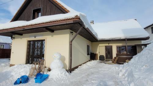 a snowman in front of a house covered in snow at Apartmány Anička vo Važci in Važec