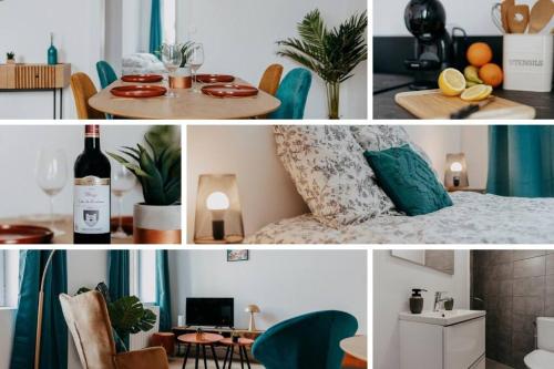 サン・テティエンヌにあるJUPITER - Un logement neuf et de qualitéのベッドとテーブル付きの部屋の写真のコラージュ