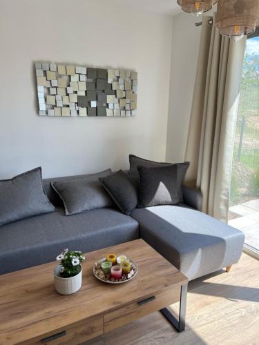 a living room with a couch and a coffee table at Apartament nad jeziorem in Pszczew