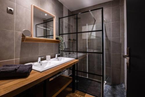 une salle de bain avec un lavabo et une douche dans l'établissement appart cosy,calme à 2 pas du centre de montbrison, à Montbrison