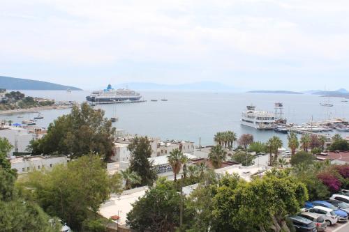 a view of a harbor with cruise ships in the water at İZAN VİLLA BAKIŞ APARTMENTS in Bodrum City