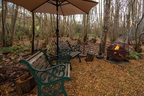 two park benches with an umbrella next to a fire at Cosy woodland Romantic retreat With log fires and nature in Sturry