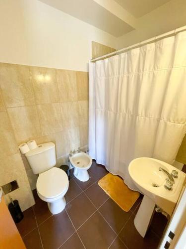 La salle de bains est pourvue de toilettes, d'un bidet et d'un lavabo. dans l'établissement Saavedra 118 3°J by depptö, à Bahía Blanca