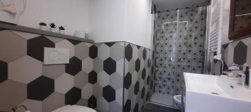 ein Bad mit einer Dusche, einem WC und einem Waschbecken in der Unterkunft Appartamento Ambrosia in Manarola