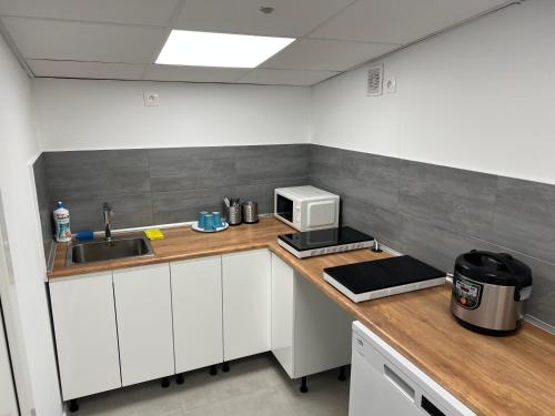 a kitchen with a counter with a microwave and a sink at Yellow Hostel 24h - śniadanie i obiad gratis - Free Parking in Katowice