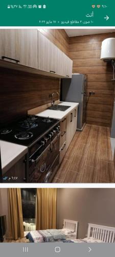 two pictures of a kitchen with a stove and refrigerator at شاليه ايفنت in Ilbaras