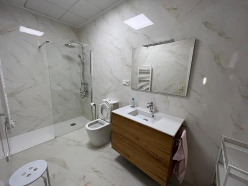 a bathroom with a sink and a shower and a toilet at Loreto N1 in Denia