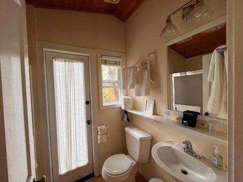 a bathroom with a toilet and a sink and a mirror at Lopez Farm Cottages & Tent Camping in Lopez