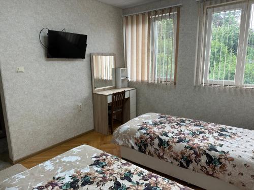 1 Schlafzimmer mit 2 Betten und einem TV an der Wand in der Unterkunft Suhin Dol Hotel in Belimel