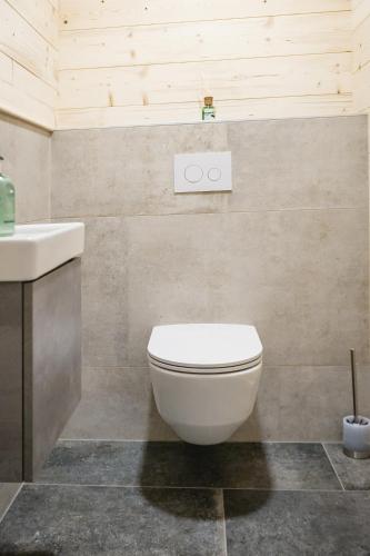 a bathroom with a white toilet and a sink at Chalet 49 Nesselgraben - Ferienwohnungen aus Holz in Koppl