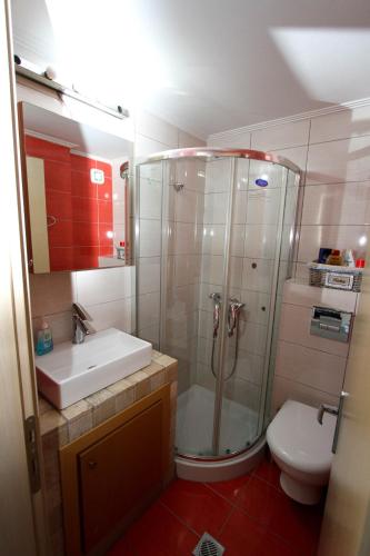 a bathroom with a shower and a sink and a toilet at Beach Front Apartment in Keramoti