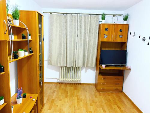 sala de estar con TV y estanterías de madera en Casa Andu Centru, en Bucarest