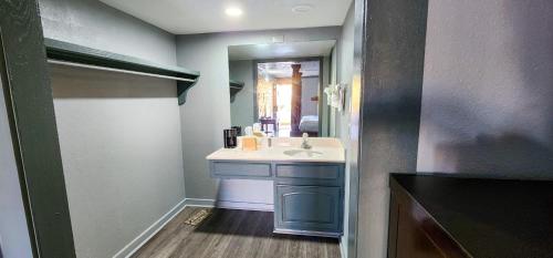 ein kleines Bad mit einem Waschbecken und einem Spiegel in der Unterkunft Stratford Inn Tyler in Tyler