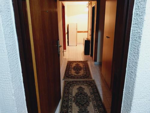 un pasillo con una alfombra en el suelo y una puerta con una alfombra en Stan na dan - Inđija, en Inđija