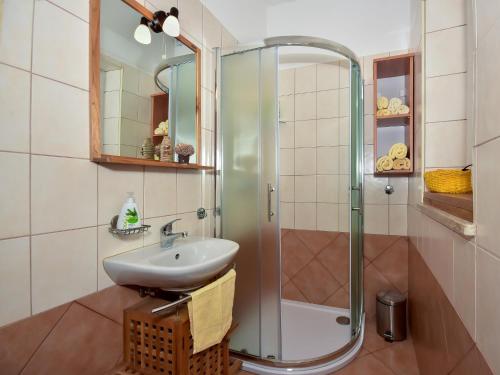 uma casa de banho com um lavatório e um chuveiro em Apartment Dolores em Roč