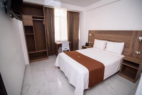 a hotel room with a large bed and a television at Las Torres Hotel Boutique in Moquegua