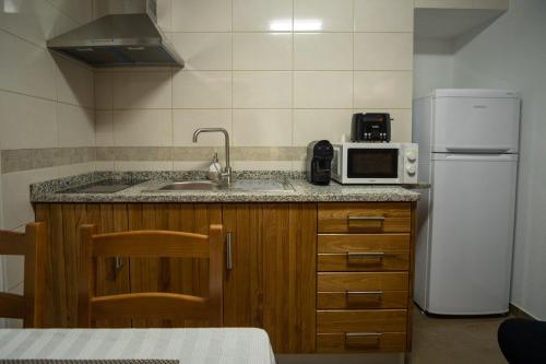 kuchnia ze zlewem, kuchenką mikrofalową i lodówką w obiekcie Casa das Ruas (Xisto Sentido®) 