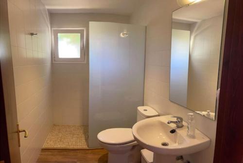 a bathroom with a toilet and a sink and a mirror at Marina in Cala en Blanes