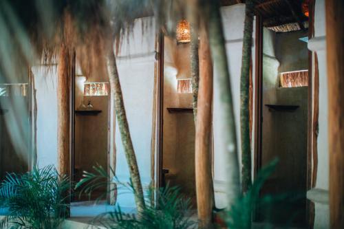 a room with plants in front of a building at Glamp Ikal Tulum in Tulum