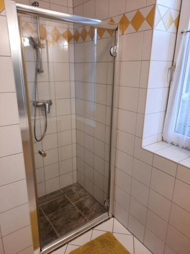 een douche met een glazen deur in de badkamer bij Pura Vida in Velden am Wörthersee