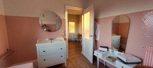 a bathroom with a sink and a mirror at Le relais globe trotteur in Montaigu