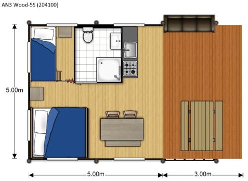 planta de un pequeño apartamento con habitación en Camping de l'Arche, en Lanas