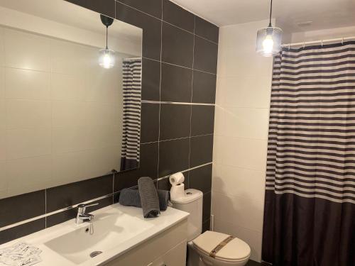 a bathroom with a sink and a toilet and a mirror at Casa Latre Somontano in Barbastro