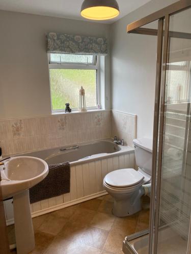 a bathroom with a tub and a toilet and a sink at Irvinestown Fermanagh 2 Bedroom Apartment in Irvinestown