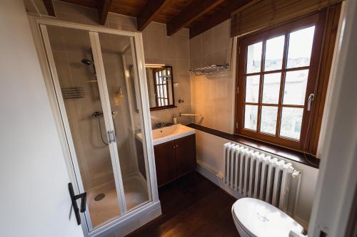 une salle de bain avec une douche, un lavabo et des toilettes dans l'établissement Maison d'Hôte la Grange aux Ayres, à Olloix