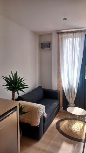 uma sala de estar com um sofá preto e uma mesa em Charmant T1 meublé em Mérignac