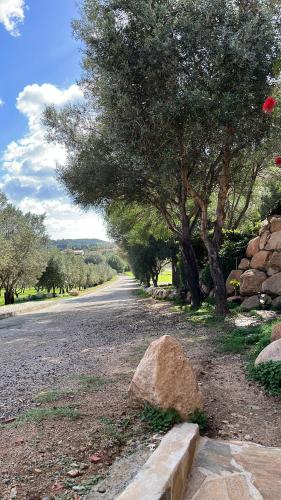 a stone bench sitting on the side of a road at La Casa sulla collina "Baccu e Idda" in Chia