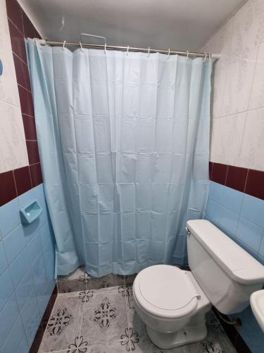 a bathroom with a toilet and a shower curtain at Hotel Express in La Paz