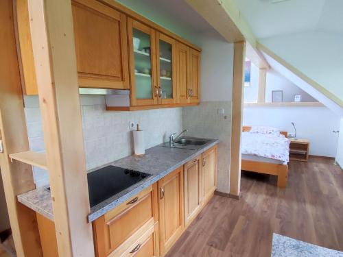 a kitchen with wooden cabinets and a sink and a bed at Apartmaji Mojca in Bohinj