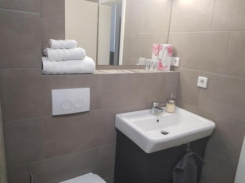 a bathroom with a sink and a toilet and a mirror at APPART-HOTEL, Röntgenstraße in Herzogenaurach