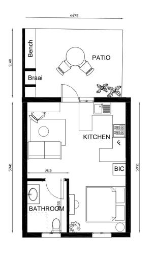 a floor plan of a small house at Upmarket off grid cottage on organic farm in secure estate in Howick