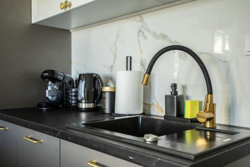 a kitchen with a sink and a counter top at Apartment Marszalkowska Premium Warsaw City Center in Warsaw