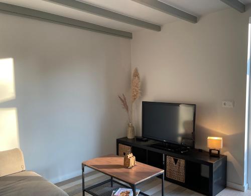 a living room with a flat screen tv and a table at Vakantiehuis Zeevonk Koudekerke in Koudekerke
