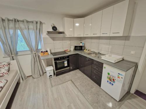 eine kleine Küche mit Spüle und Kühlschrank in der Unterkunft Guesthouse Ella in Slunj