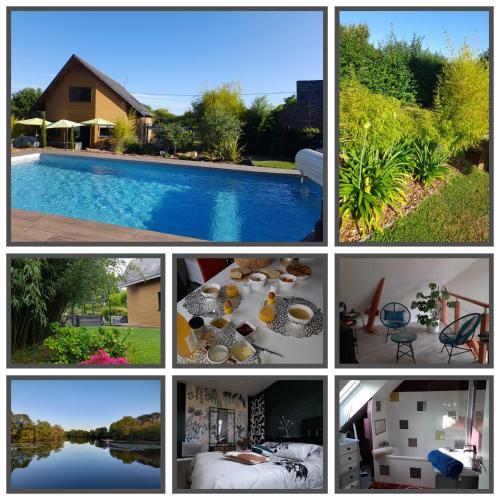 eine Collage mit Bildern eines Pools und eines Hauses in der Unterkunft CHAMBRE DANS UN ECRIN DE VERDURE in Angrie