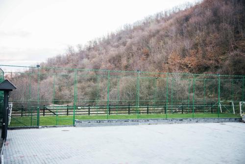 a fence in front of a field with a hill at Casa Munty in Orlat