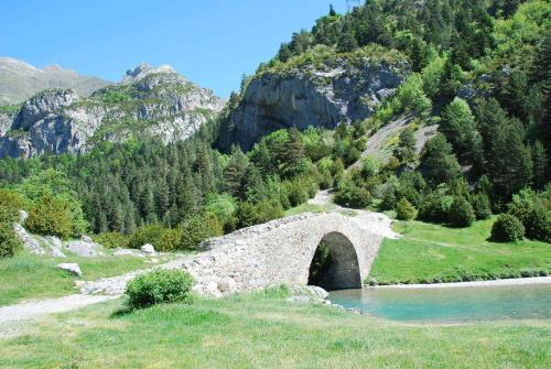 a stone bridge over a river in the mountains at Hotel de Montaña El Mirador in Broto