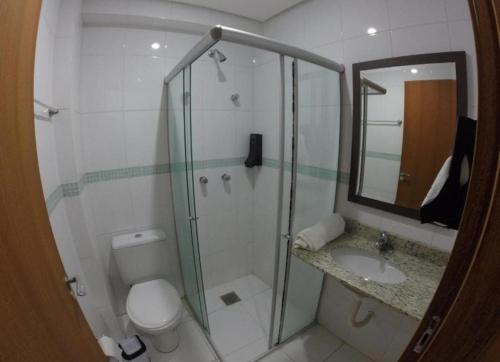 a bathroom with a shower and a toilet and a sink at HOTEL ECONOMICO - 150m Santa Casa, Prox Assembleia e UFRGS in Porto Alegre