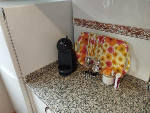 encimera de cocina con licuadora y almohada en AR Villa Rica Apartment en Santa Comba