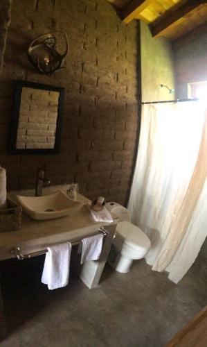 a bathroom with a sink and a toilet at Cabaña Los Franceses in Tapalpa