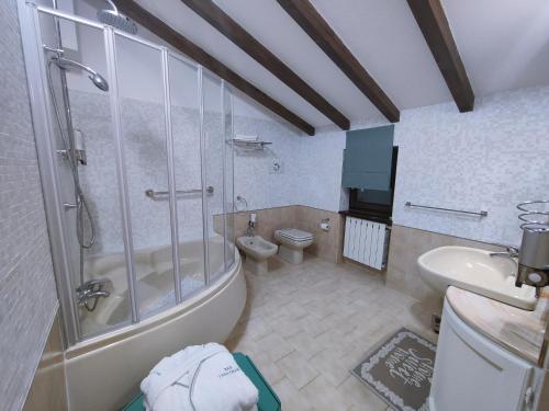 a bathroom with a shower and a toilet and a sink at B&B Casa Favari in Montalbo
