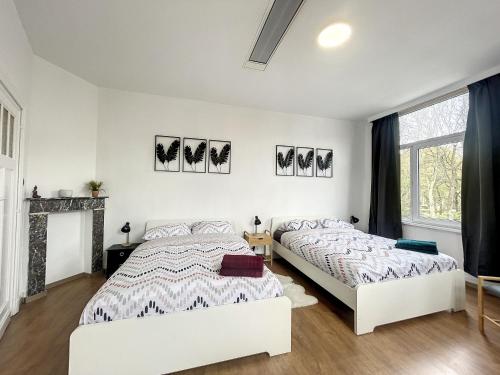 two beds in a bedroom with a fireplace at Cosy Apartment Brussels - City Center in Brussels