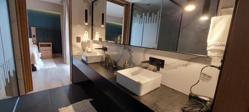 y baño con lavabo y espejo. en Fuente Mayor Hotel Centro en Mendoza
