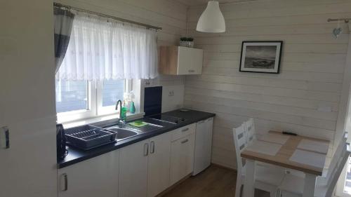 uma cozinha com um lavatório, uma mesa e uma janela em Domki Ewa em Sarbinowo